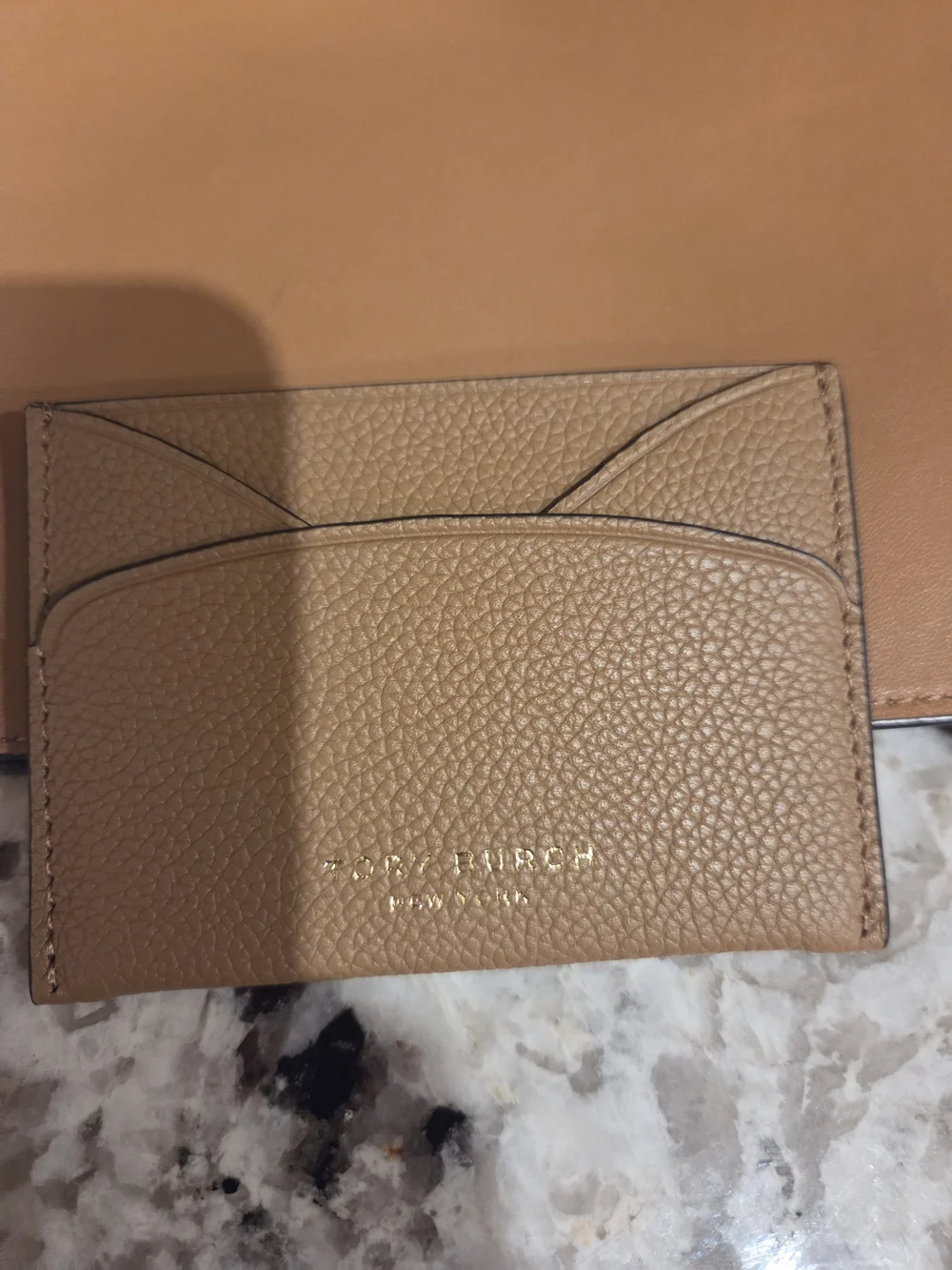 Tory Burch Tan Leather Zip Pouch with Gold Logo